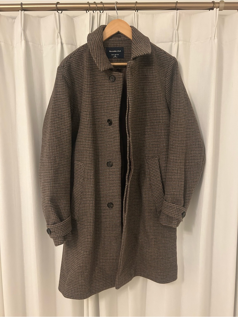 Abercrombie and Fitch Brown Houndstooth Wool Blend Men's Overcoat
